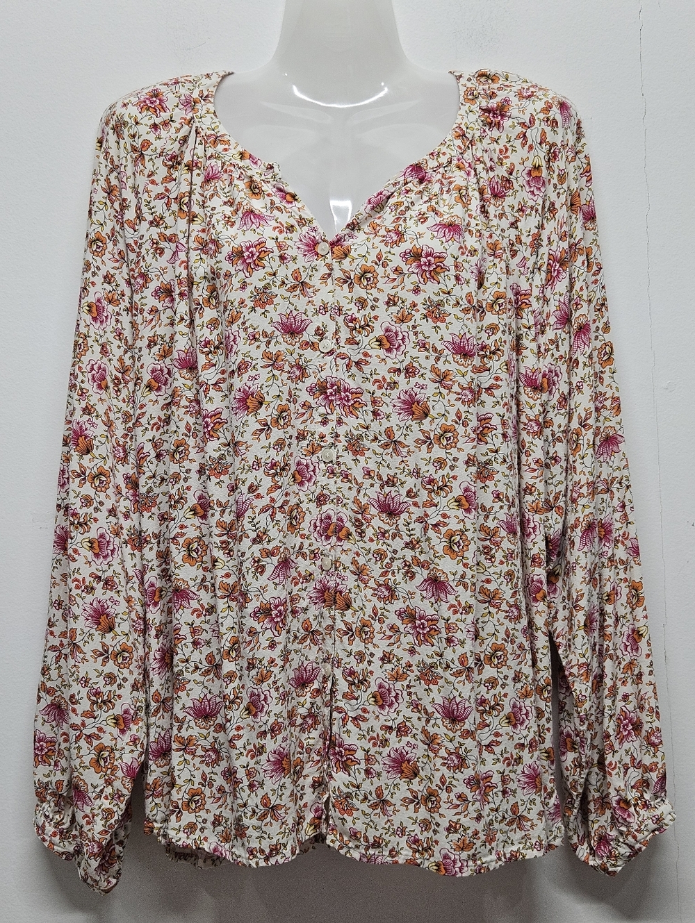 Old Navy White Floral Long Sleeve Poet Blouse Relaxed Fit Size Large Cottage